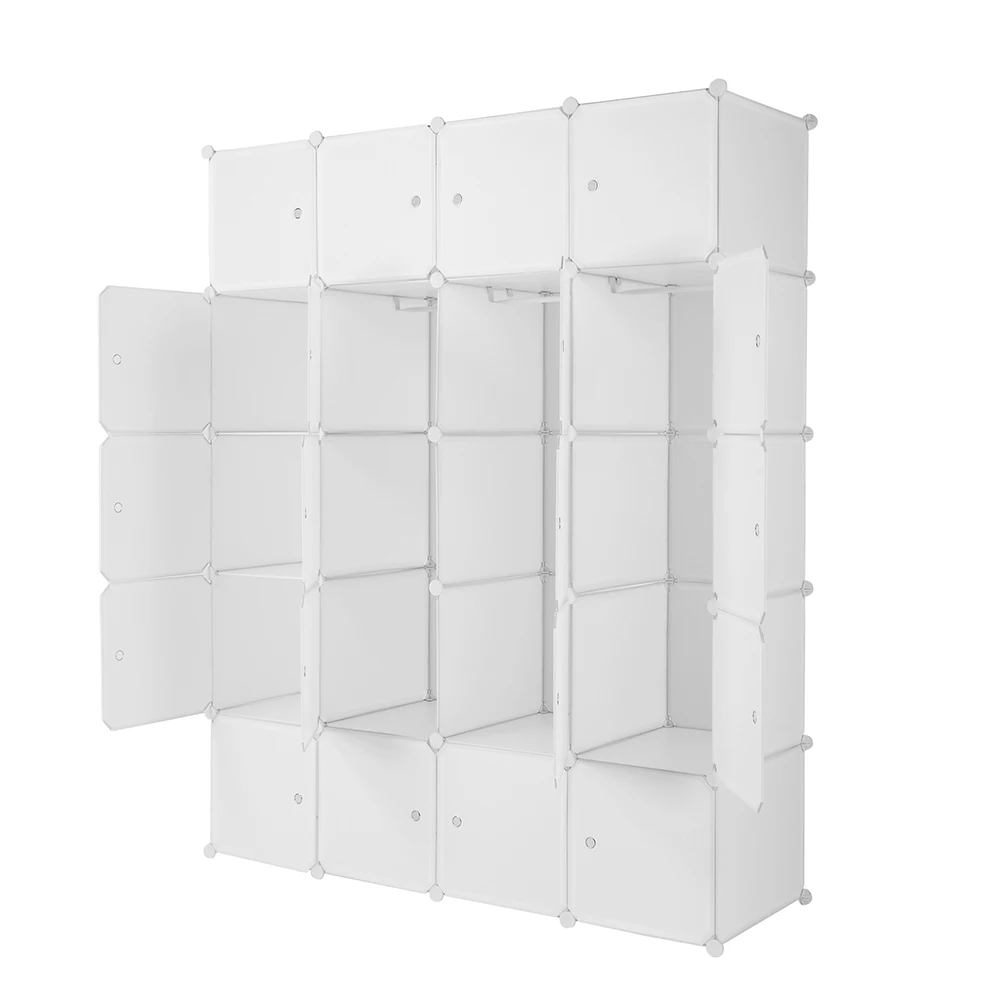 20 Cube Organizer Stackable Plastic Cube Storage Shelves Design Multifunctional Modular Closet Cabinet with Hanging Rod White