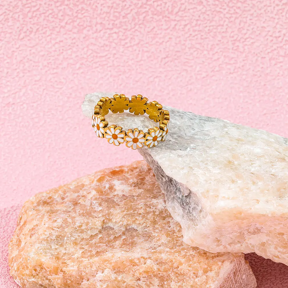 

Joolim Jewelry Wholesale High End PVD Fashion Sweety Daisy Flower Dotted Colorful Rubber Stainless Steel Ring Trend For Women