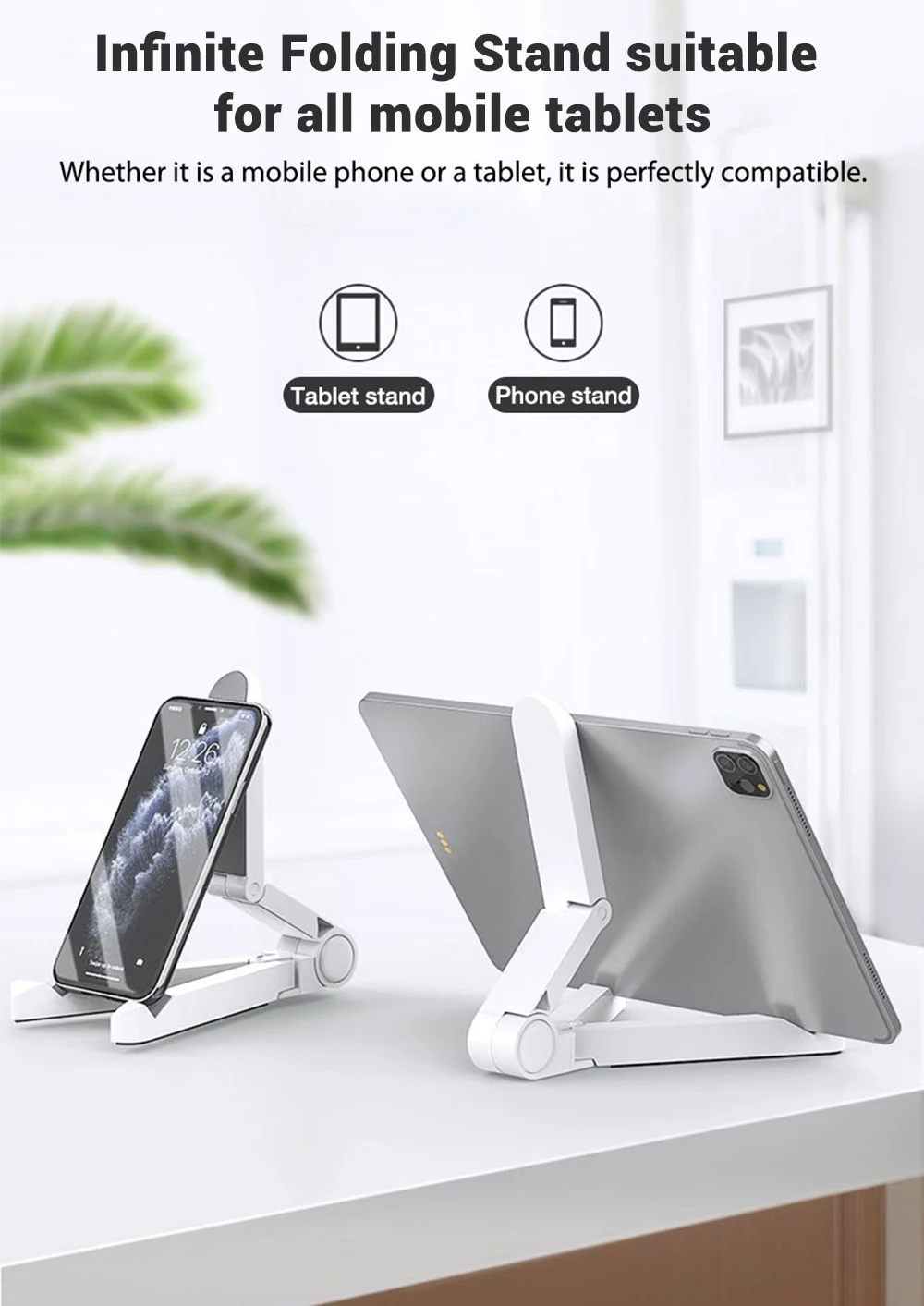 white infinite folding stand for all mobile tablets and phones with adjustable angles and sleek minimalist design for desktop use