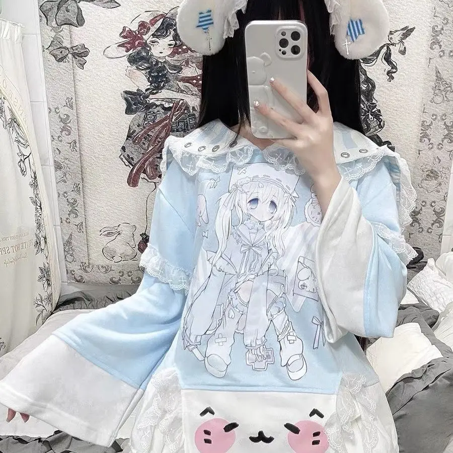 

Autumn Winter Subculture Navy Collar Hoodie Anime Sweet Loose T-shirt Harajuku Grunge Y2k Clothes Kawaii Hoodies 2025 Tops