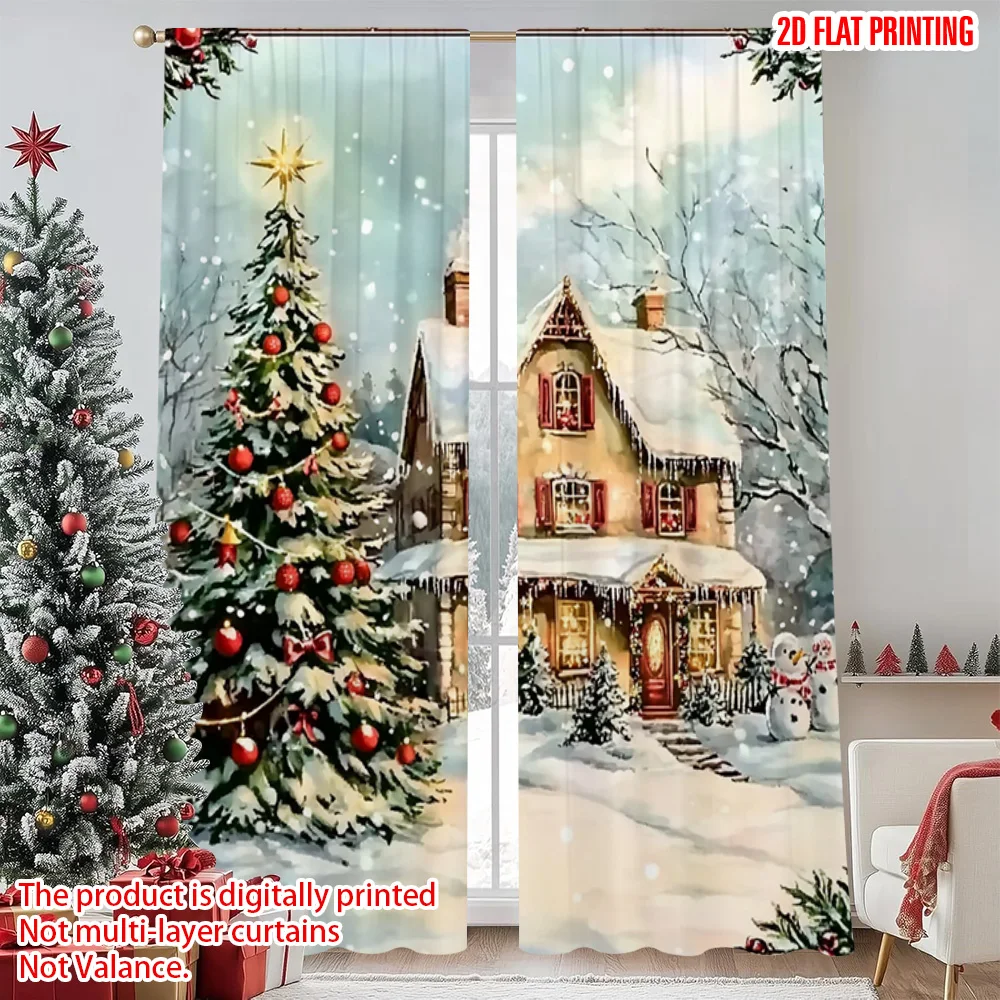 

2pcs 2D flat printing Merry Christmas Window Curtains Christmas trees_ houses_ snow 100% Polyester Without Electricity Party