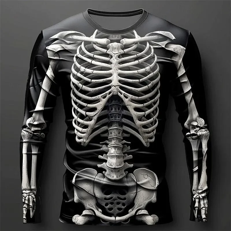 Creative Design 3D Skull Print Men's T-Shirt Autumn Daily Casual Long Sleeve Crew Neck Pullover Tees Oversize Breathable Clothes