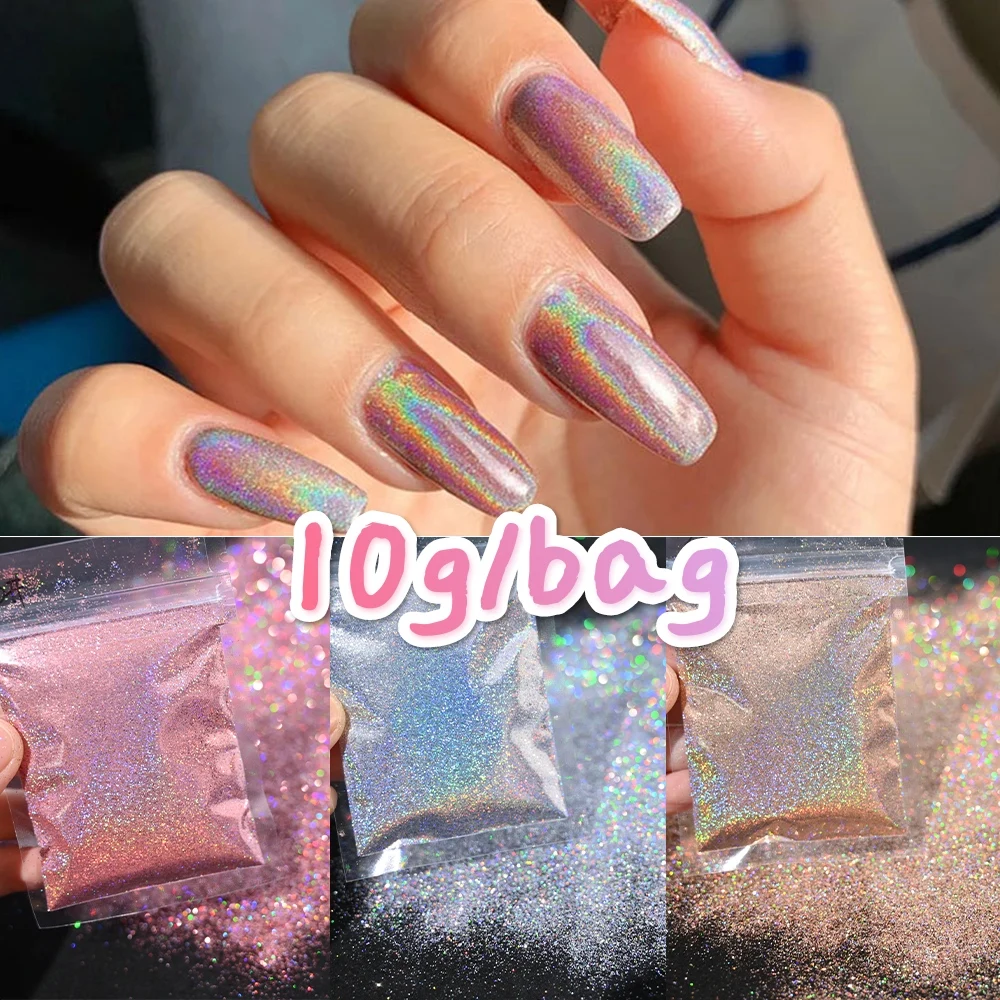 10g/bag Holographic Laser Nail Glitter Powder 0.2mm Fine Dust Shinning Gold Silver Color DIY Chrome Manicure Decoration Powder