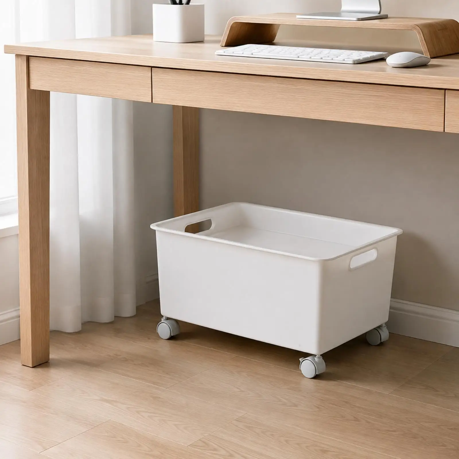 Open-Top Plastic Storage Box with Casters Large Capacity Rectangular Plastic Storage Crate with Hand Openings Slim Long-Lasting