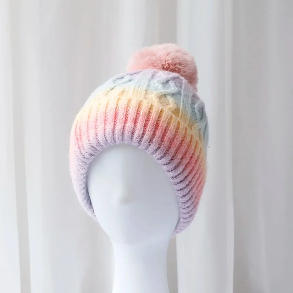 High Quality Thickened Beanie Hat with Faux Fur Pompon Ball Keep Warm Ski Cap Gradient Striped Pattern Ear Protection Hat