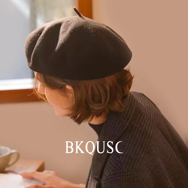 French Elegant Women\'s Wool Beret 55cm-58cm Female Solid Color Soft Wool Painter Hats Winter Warm Literary Beret Caps for Woman