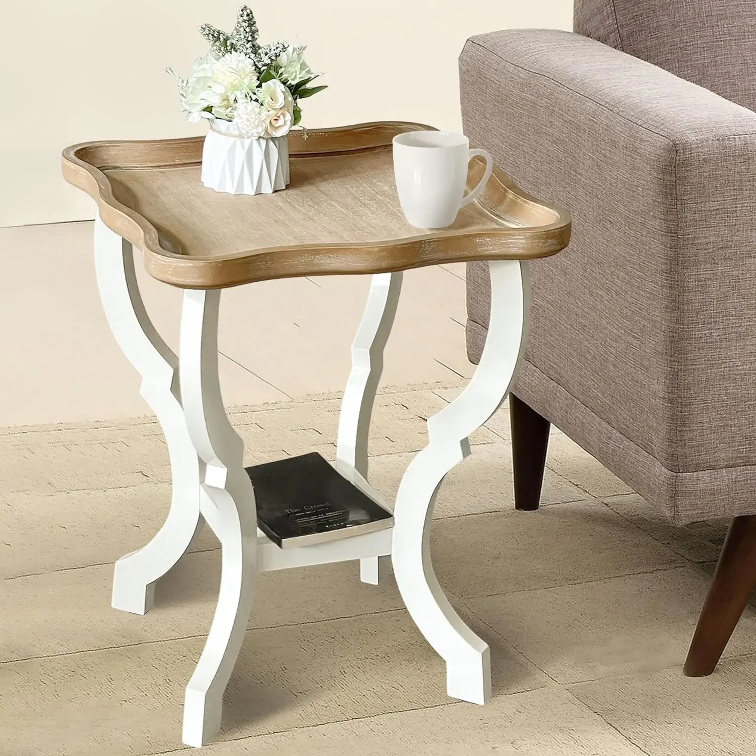 

Farmhouse End Table, Wood Square Side Table, 2 Tiers Accent Table for Family, Living Room or Small Spaces, Concave Legs