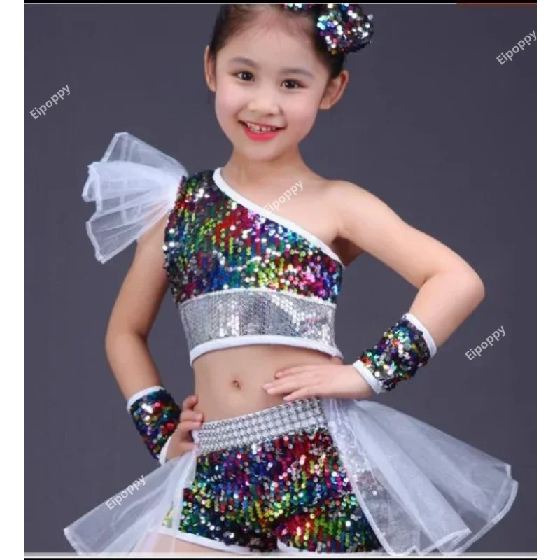 ダンスウェア女の子ジャズダンスストリートダンスパフォーマンス衣装子供の現代モデルキャットウォークスパンコール衣装スカート