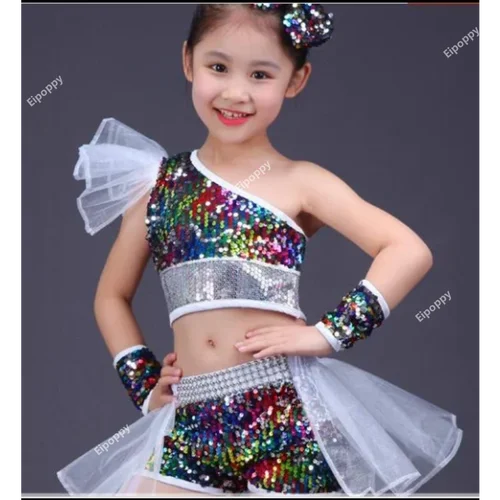 Imagen 2 del producto Ropa de baile para niñas, trajes de baile callejero de Jazz, modelo moderno para niños, faldas de disfraces de lentejuelas de pasarela