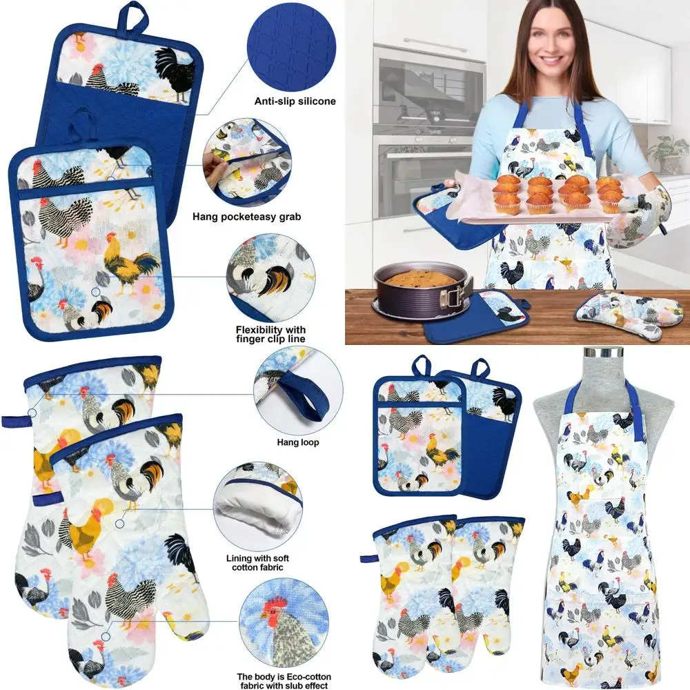 

Chef's Rooster-Printed Cotton Apron with 5 Heat-Resistant Gloves and Silicone Potholders