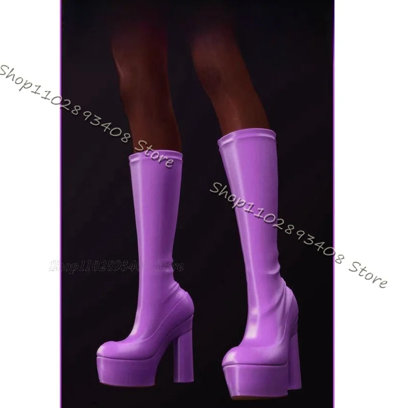 Purple Platform Combat Boots Chunky High Heels Solid Elastic Shoes Fashion Spring Big Size Women Boots 2023 Zapatos Para Mujere