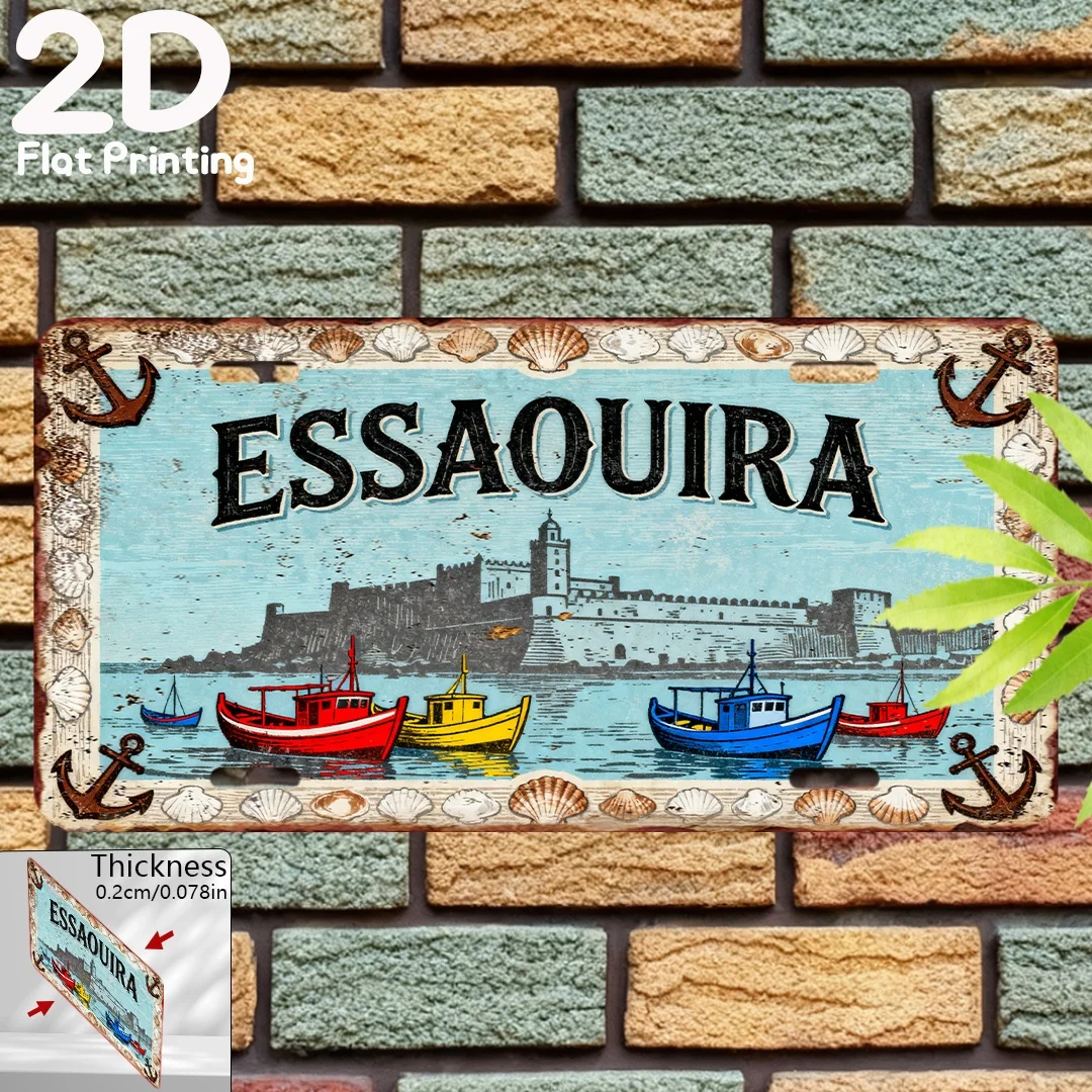 Plaque décorative et ornement vintage 2D plat, monobloc, mettant en valeur la beauté de la région d'Essaouira dans le Souss-Massa-Draa