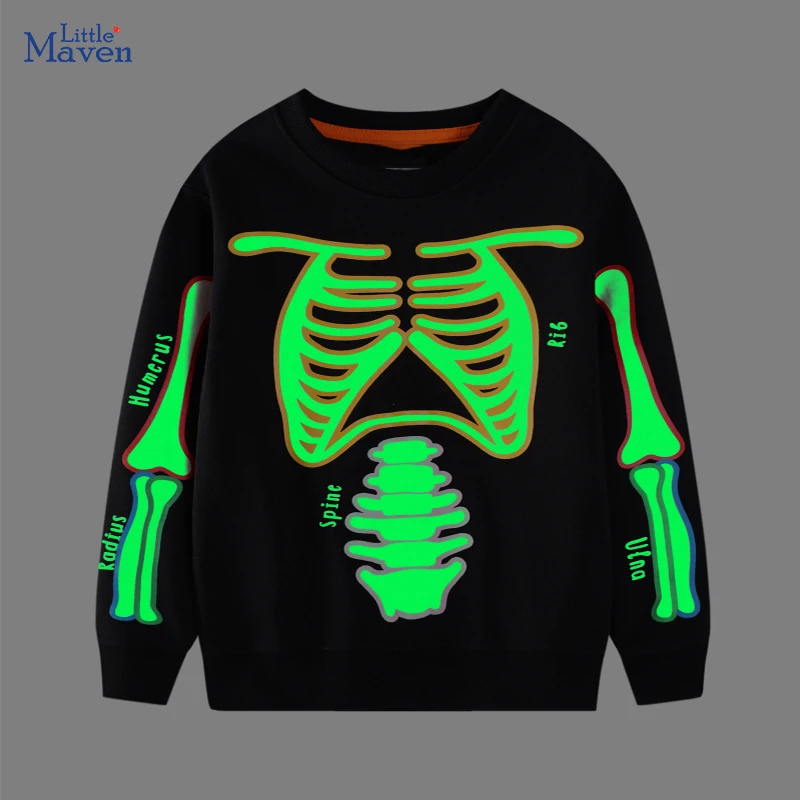 little-maven-2025-meninos-traje-halloween-cranio-noctilucente-abobora-meninos-manga-longa-topos-para-criancas-camisolas-casuais