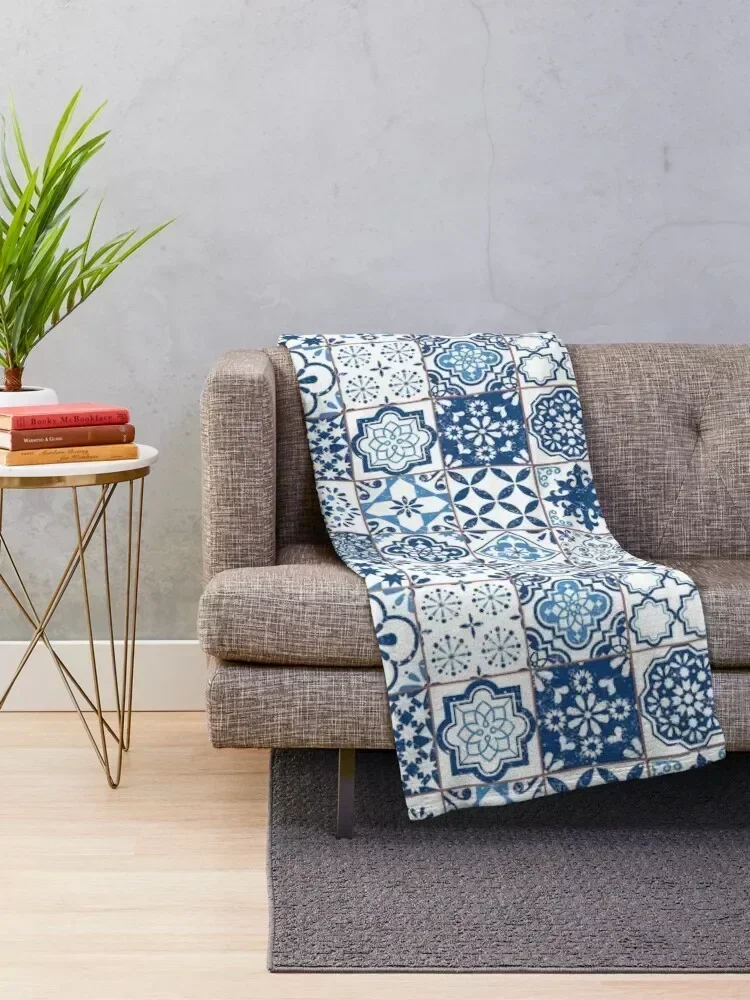 Portuguese Azulejos Throw Blanket Elegant Warm Throw Blanket for Hotel Home