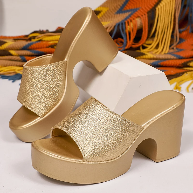 Fashion Gold High Heels Slippers Women 2026 Summer Pu Leather Chunky Platform Sandals Woman Plus Size 43 Outdoor Slippers Ladies image 3