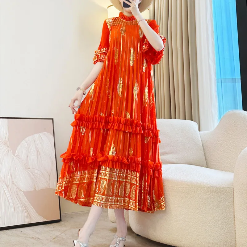 ANLAN Folds Hot Stamping Pleated Dress Women's Stand Collar Short Sleeve Loose Waist A Line Dresses 2025 Autumn New Tide 2AN5980