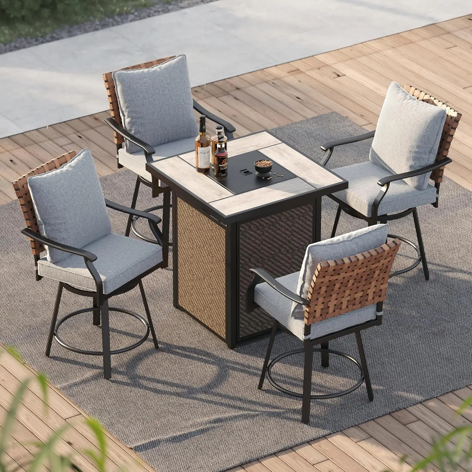 

Поворотный бар для патио Grand Patio, 5 предметов, со столом для костра, выход нагрева 40 000 БТЕ, плетеный на открытом воздухе, высота кожи, патио Ba