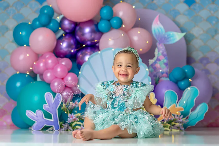 Mermaid Theme Cake Smash Background Photography Props Purple Under the Sea Princess Kids Portrait Backdrop Birthday Party Banner