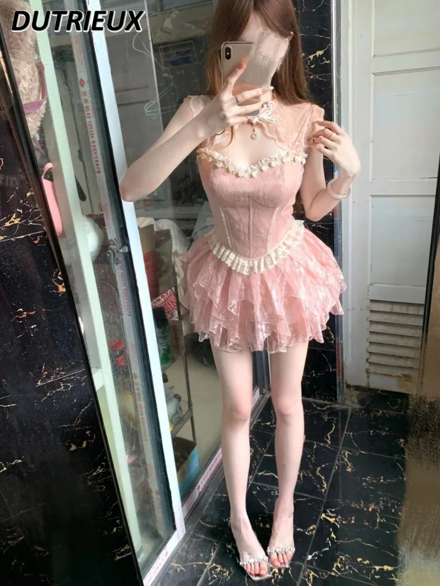 French Sweet Design Pink Slimming Fishbone Tube Top All-Match Lace Floral Short Gauze Skirt Two-Piece Set for Women Summer