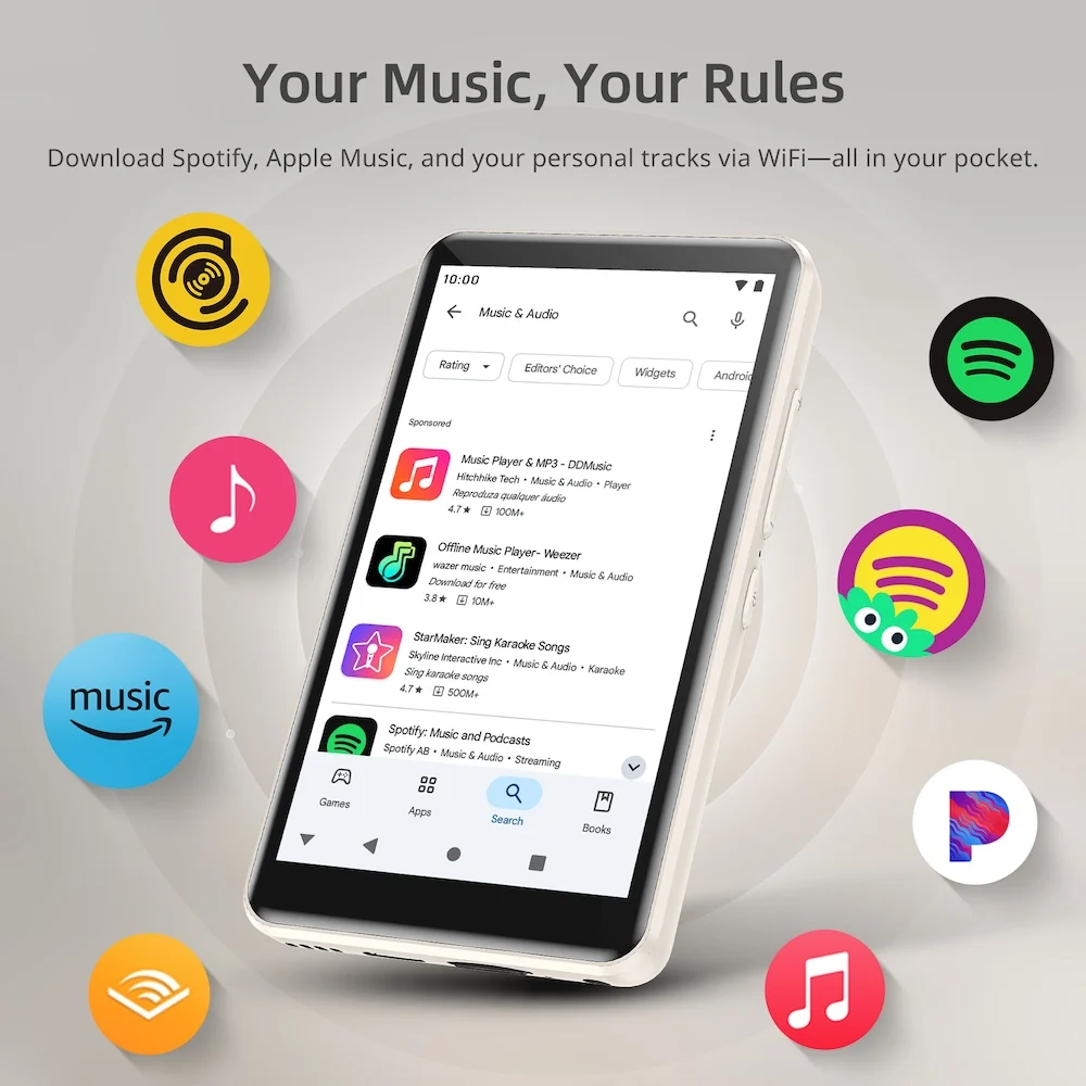 Reproductor MP3 Bluetooth Android 13.0 con WiFi Bluetooth 5.0, Reproductor de Música con Pantalla Táctil Completa de 4 Pulgadas Compatible con Spotify Tidal 22H Playback