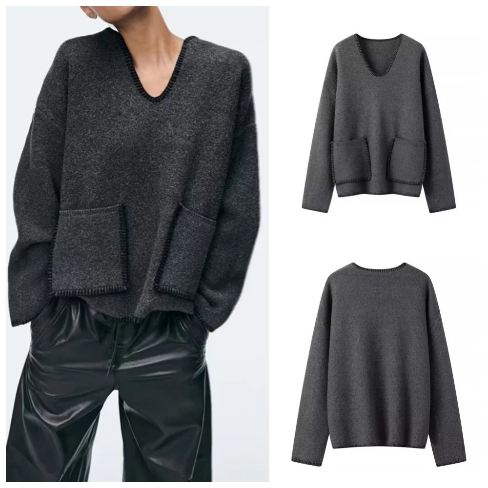 Pockets Drak Grey Sweater Woman Cropped Knitted Sweater Women Autumn Winter V-Neck Pullovers Long Sleeve Warm Knit Top