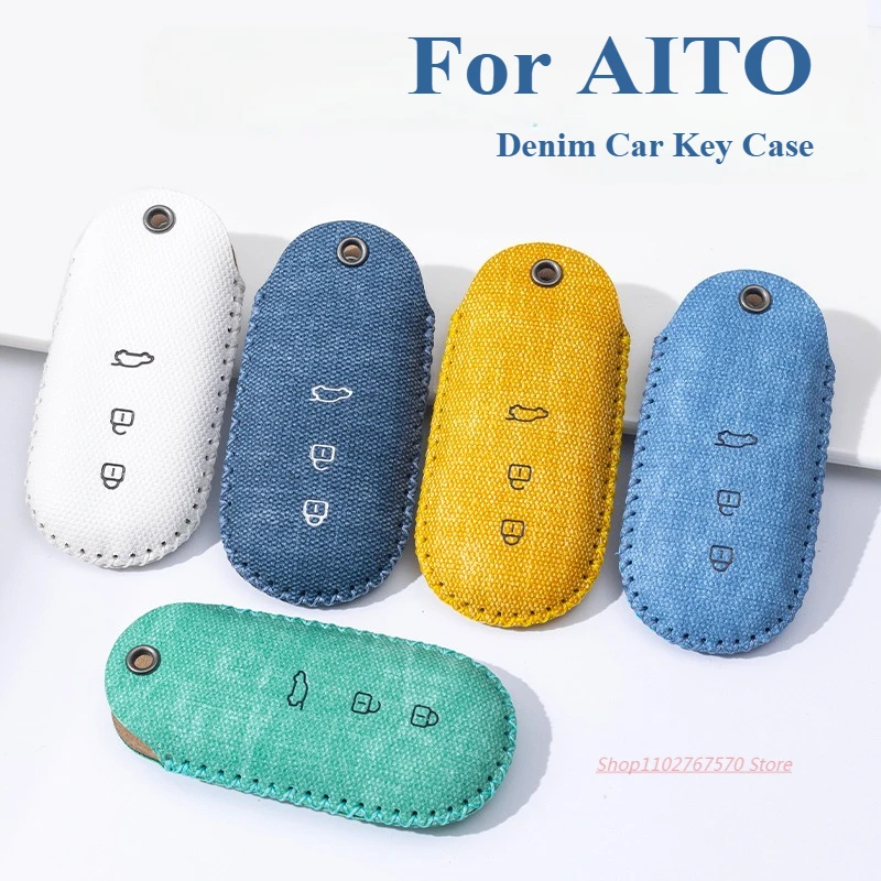

High Grade Denim Car Fob Key Case Holder Cover Protector Shell Bag KeyChain For AITO M7 M8 M5 M9 Car Accessories