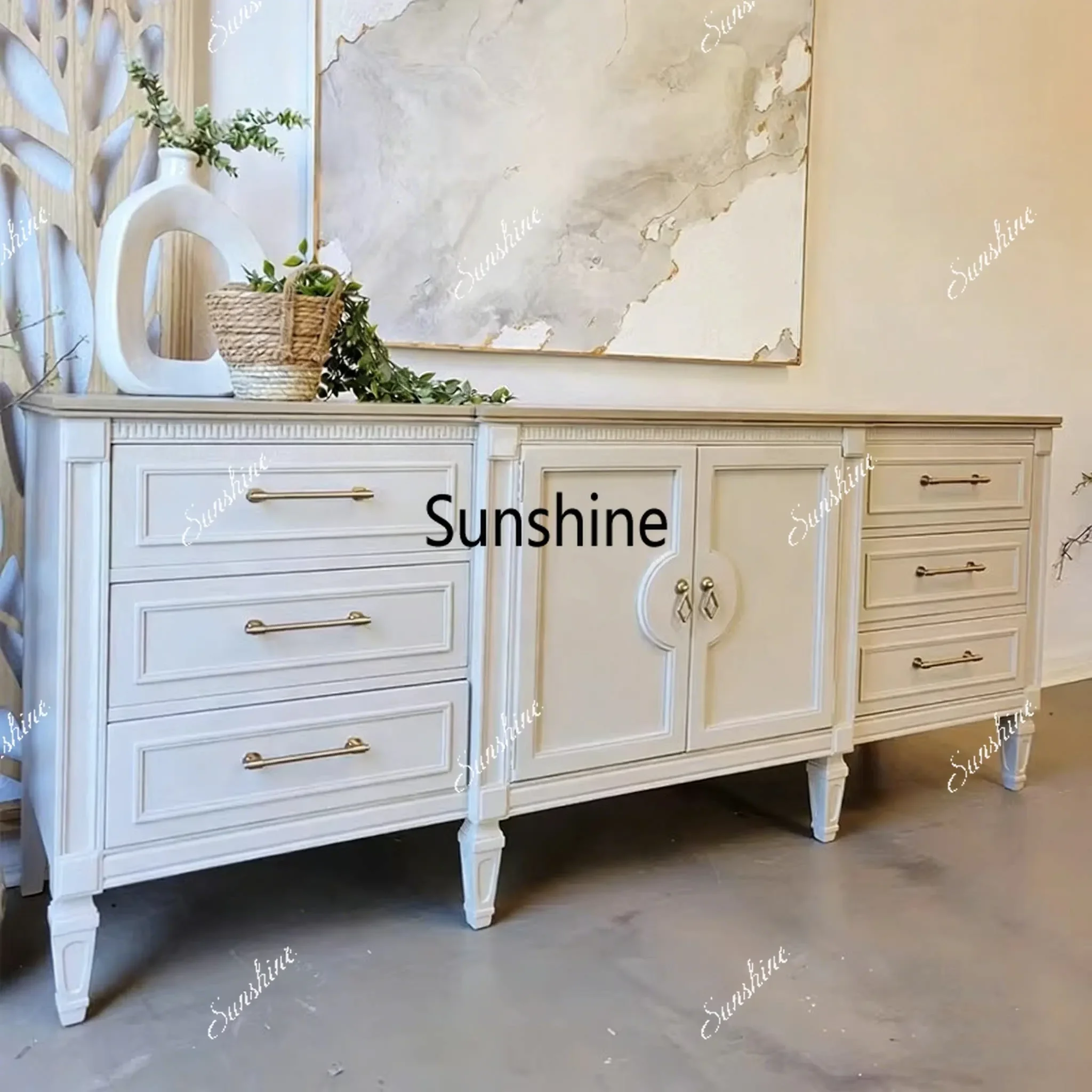 

YFrench retro solid wood dining side cabinet rural cream style antique contrast color entrance customization
