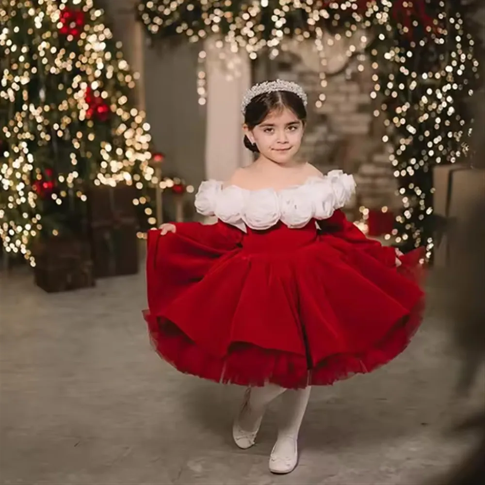 

Vintage Off Shoulder Flower Girl Wedding Dress Princess Christmas Eve Kids Birthday Party Host Puffy Pageant Gown Customized