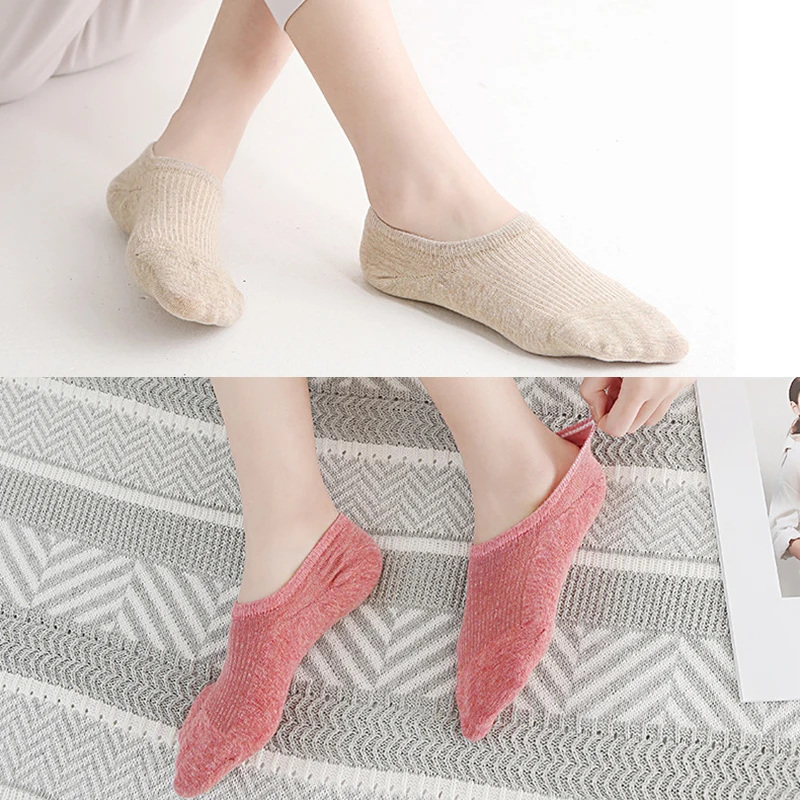 Bộ 5 Đôi Tất Nữ Cotton Lớp Silicone Chống Trượt Vô Hình Sock Dép Màu Trơn Nữ Mềm Mại Mắt Cá Chân Thuyền Tất Bộ 35-39 Kích Calcetines