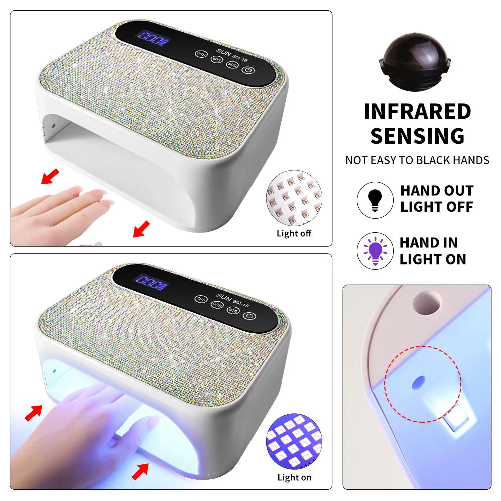 LIMEGIRL Rechargeable Nail Dryer Lamp With Rhinestones Wireless 42LEDS Smart Sensor LDC Screen Infrared Sensing Manicure Tools