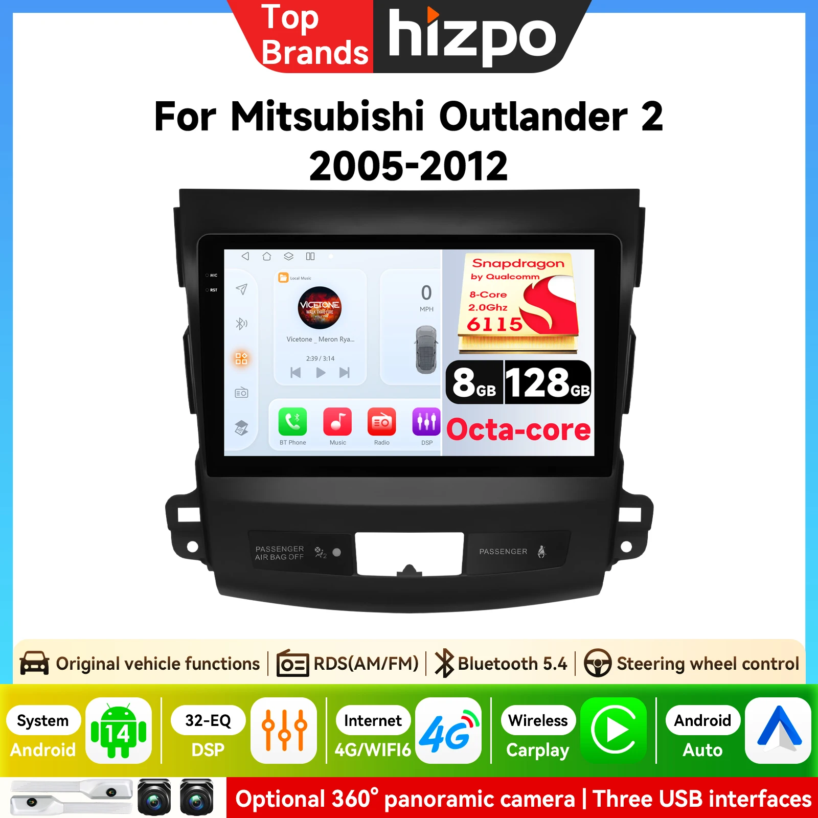 8-Kern 2 Din Android Autoradio Multimedia-Player für Mitsubishi Outlander 2006-2011 Peugeot 4007 Citroen C-Crosser Carplay 4G GPS