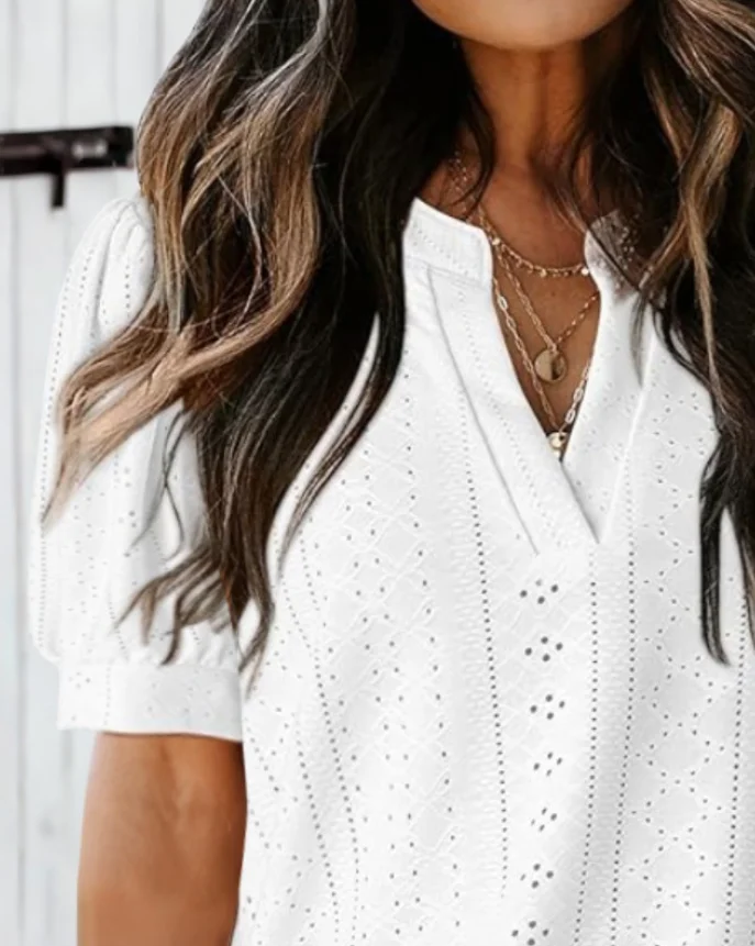 Camicetta a maniche corte con scollo a V in pizzo Casual scava fuori Summer Business Top nuova moda 2025 T-shirt estiva pullover top