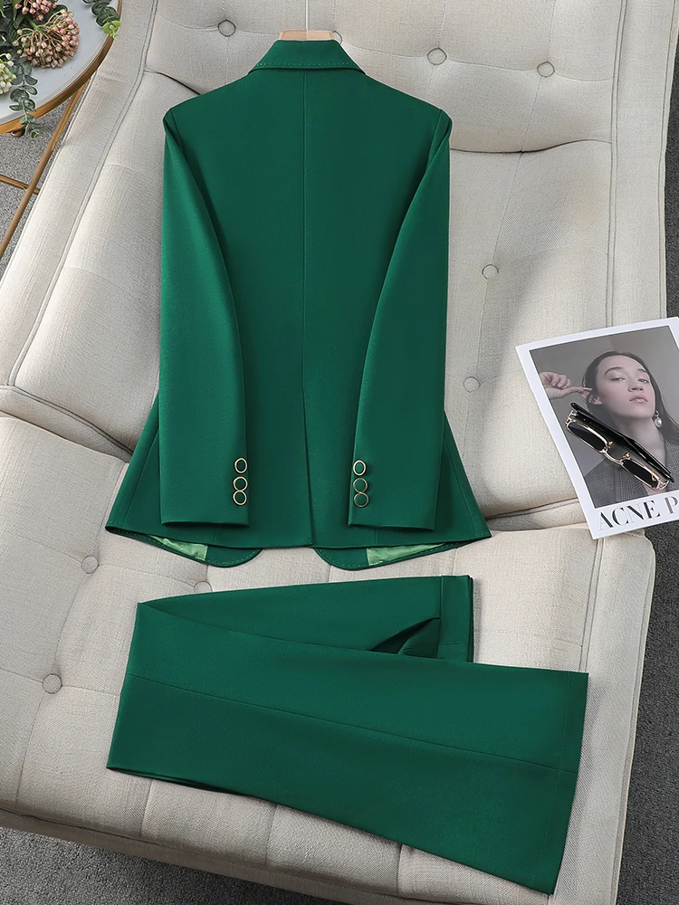 Office Ladies Formal Pant Suit 2 Piece Set Women Green Khaki Red Female Long Sleeve Business Work Wear Blazer Jacket And Trouser