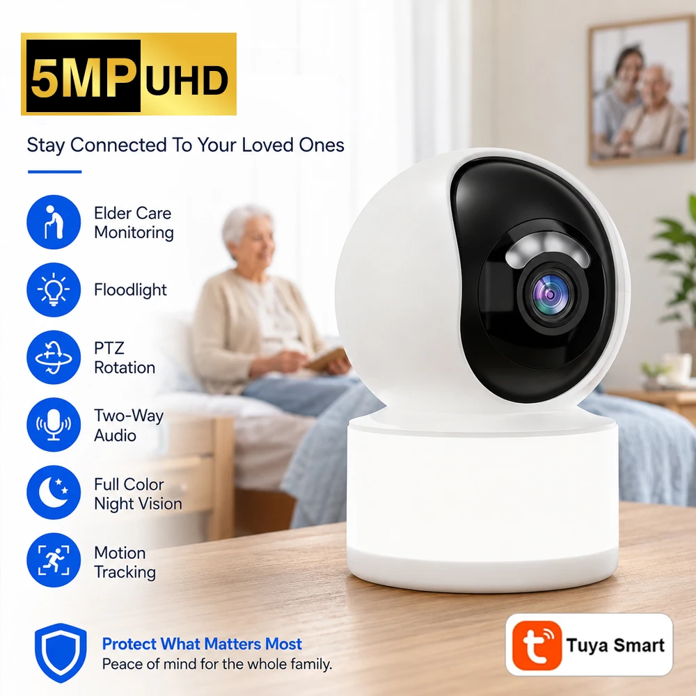Indoor WiFi PTZ Surveillance Camera 5MP UHD Built‑in Floodlight PTZ Smart Motion Alert Full Color Night Vision Pet Baby Monitor
