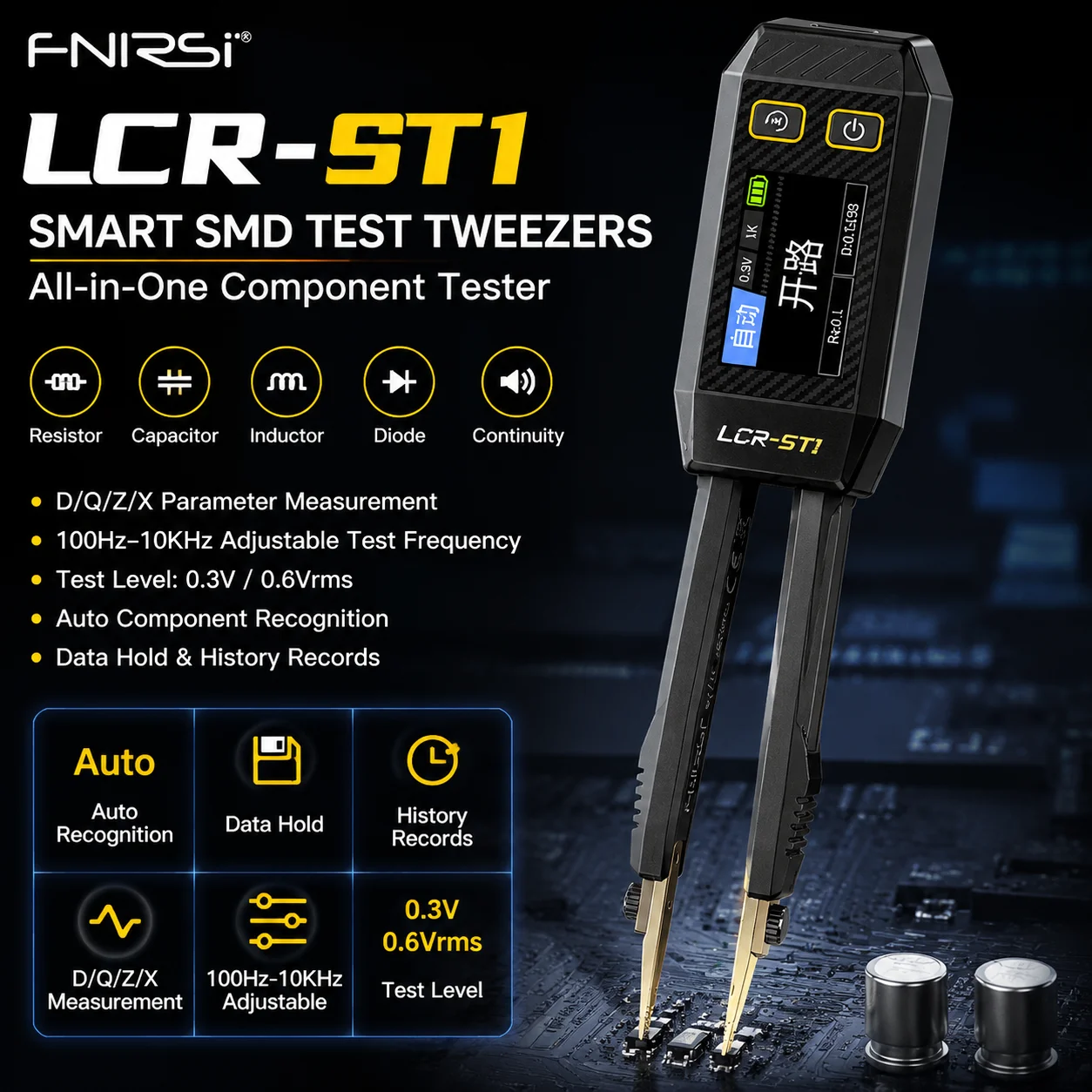FNIRSI LCR-ST1 Mini Smart Tweezer LCR SMD ESR Tester Resistance Capacitance Inductance Continuity Diode Test Measurement Tool