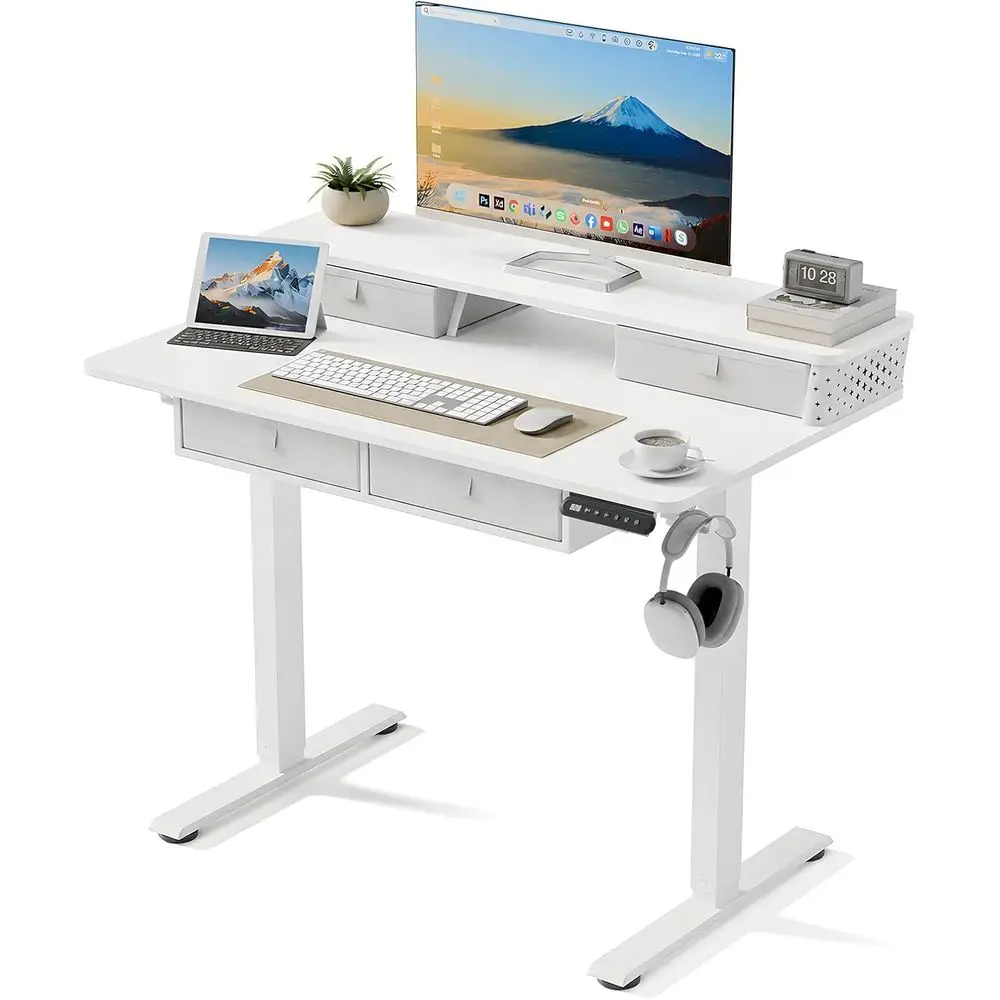 24 x 40 Compact Electric Desk, Adjustable Height, Storage Shelf, C-Clamp Mount, White