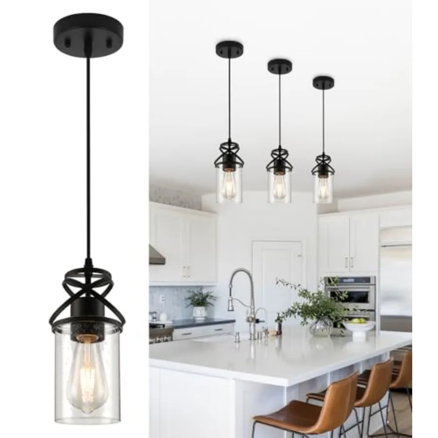 

Black Kitchen Sink Pendant LightFarmhouse Clear Glass Cylinder Pendant Light Fixture Adjustable Hanging Light Fixtures Industri