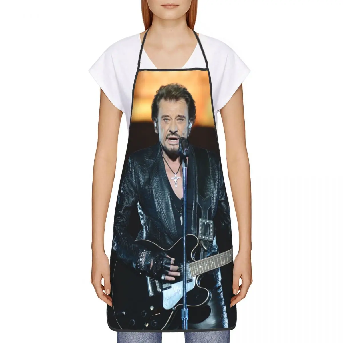 Custom Bib Johnny Hallyday Guitar Apron for Men Women Adult Chef Kitchen Cooking French Singer Rock Music Tablier Cuisine Baking