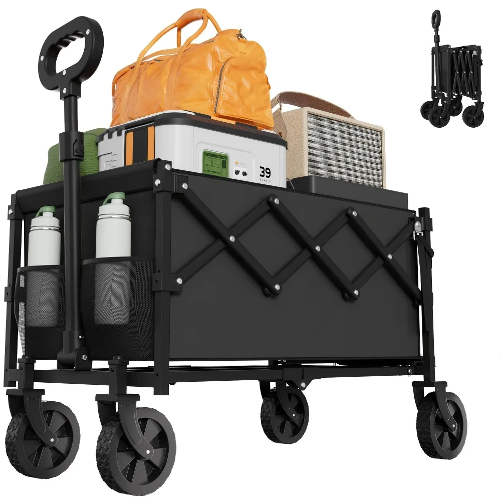 Folding Garden Cart 360 lbs Capacity Portable Wheeled Wagon Collapsible Utility Cart for Shopping Camping Sports Garden Outdoor Indoor Multi Purpose Use Black