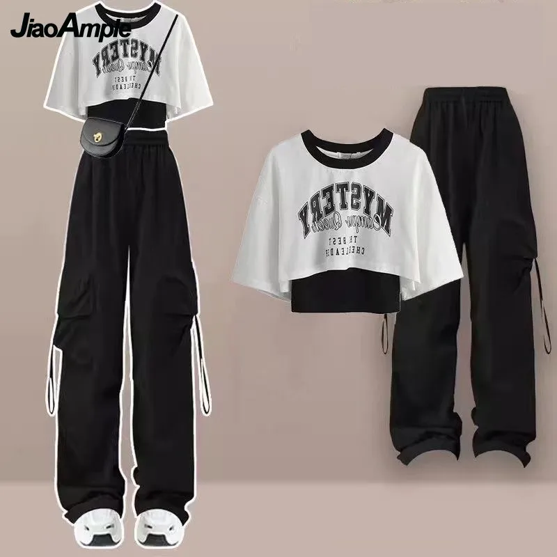 Women\'s 2024 Summer New Tracksuit Matching Set Korean Elegant Loose Short Sleeved T-shirt+suspender+Cargo Pants Three Piece Suit