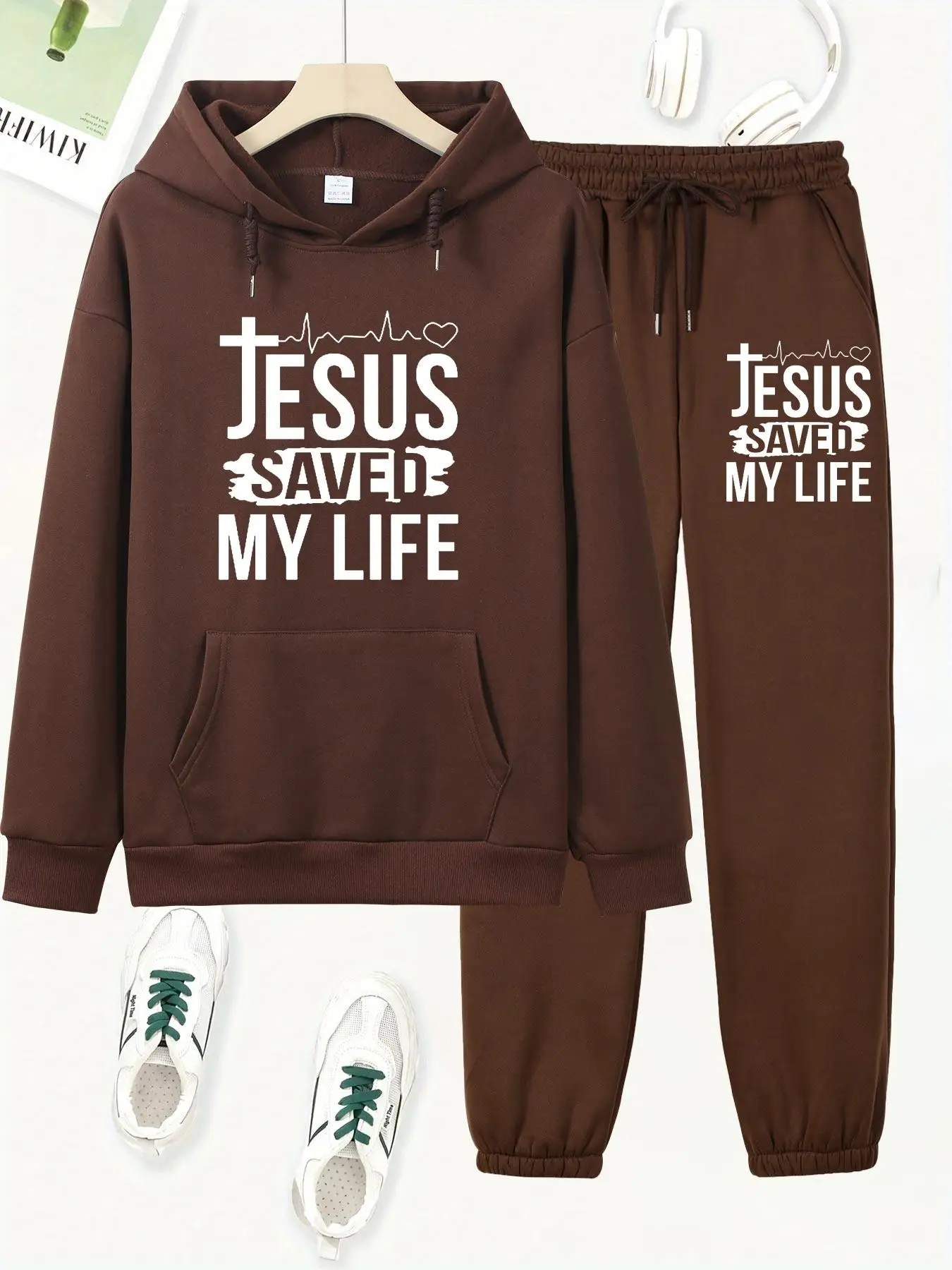 Felpa con cappuccio allentata autunno e inverno da donna + pantaloni della tuta set hip-hop street casual JESUS lettera stampata abbigliamento caldo alla moda