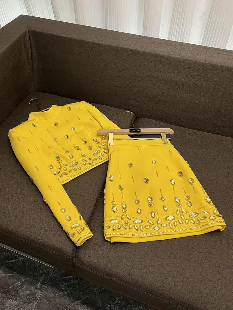 Faionable ort Diamond-Encrusted Top And Skirt Set Heavy Embroidery Celebri Inspired Two-Piece Suit Commute Sle Women'...