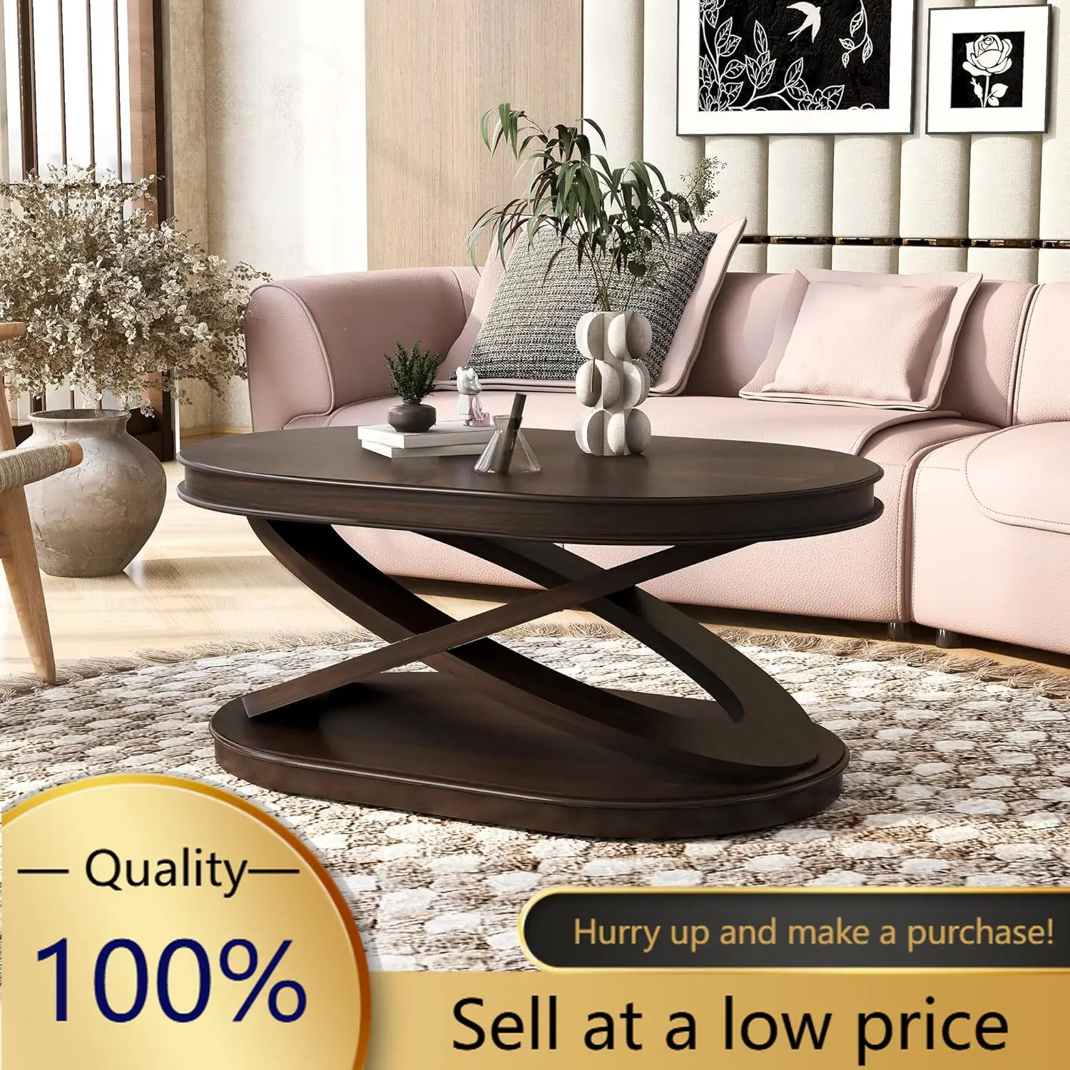 44'' Oval Coffee Table with X-Legs, American Style Center Table, Distressed Finish, Easy Assembly Water-Resistant Surface for Li