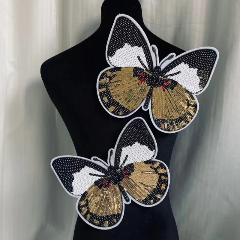 Butterfly Sequin Iron-On Patches, 2Pcs Large Gold Black White Embroidered Applique Patches for Clothing, Jackets, Jeans, Backpac