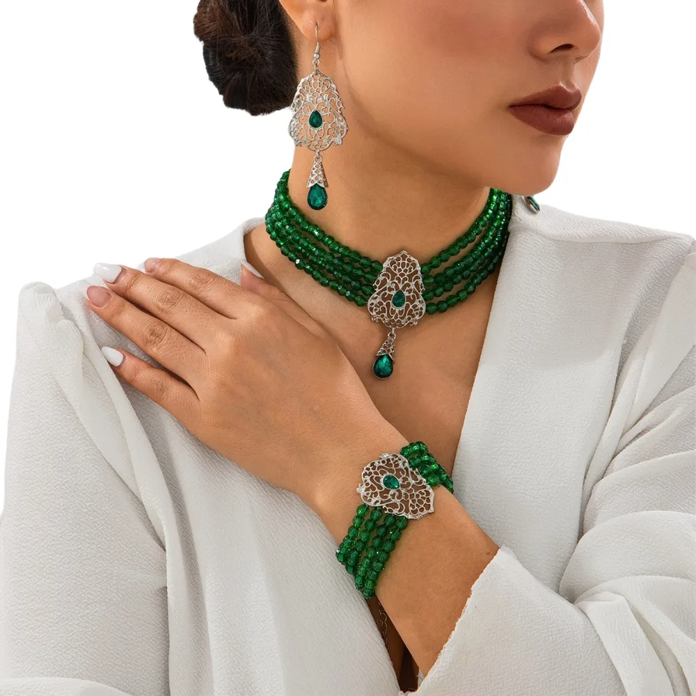 

Baroque Style Bridal Tassel Drop Earrings Multilayer Shiny Necklace Earring Set Rhinestones Elegant Bridal Jewelry Set