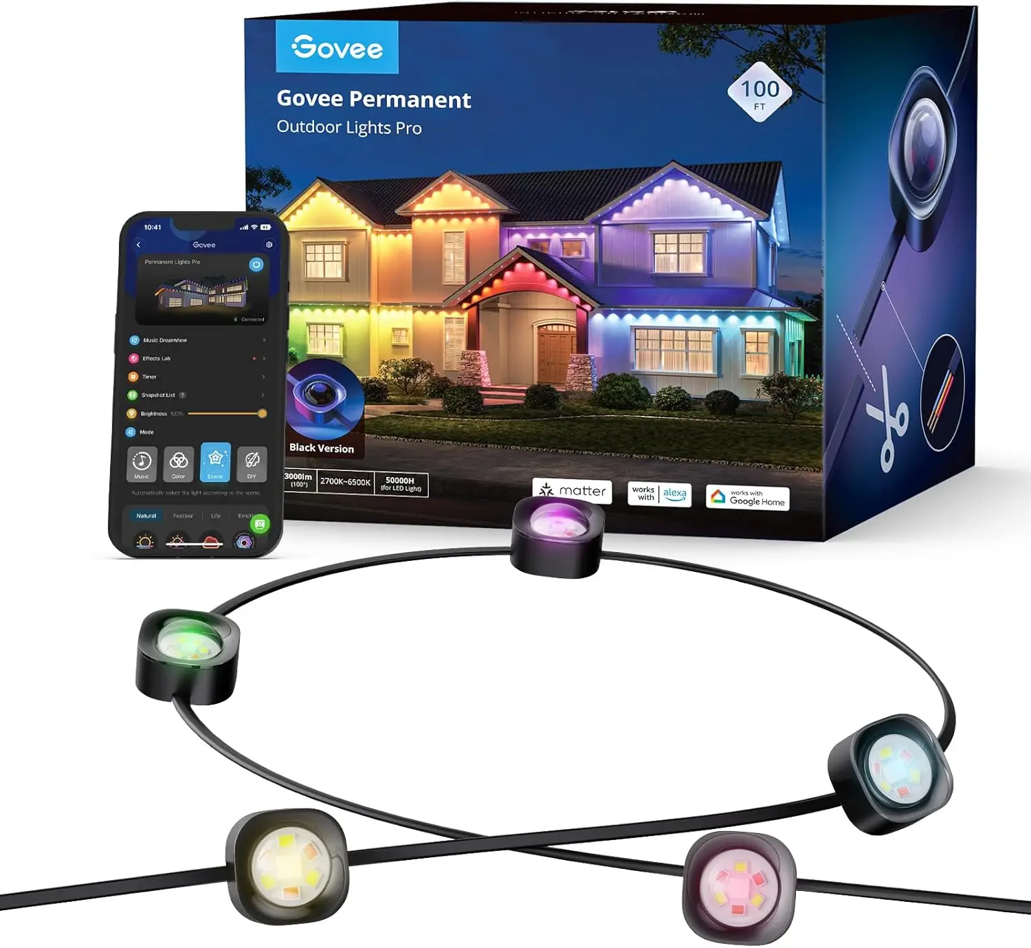 Luzes LED pro ao ar livre para iluminação diária e acento, luzes impermeáveis, obras, 75 modos de cena, 100 pés, 60 RGB, IP67