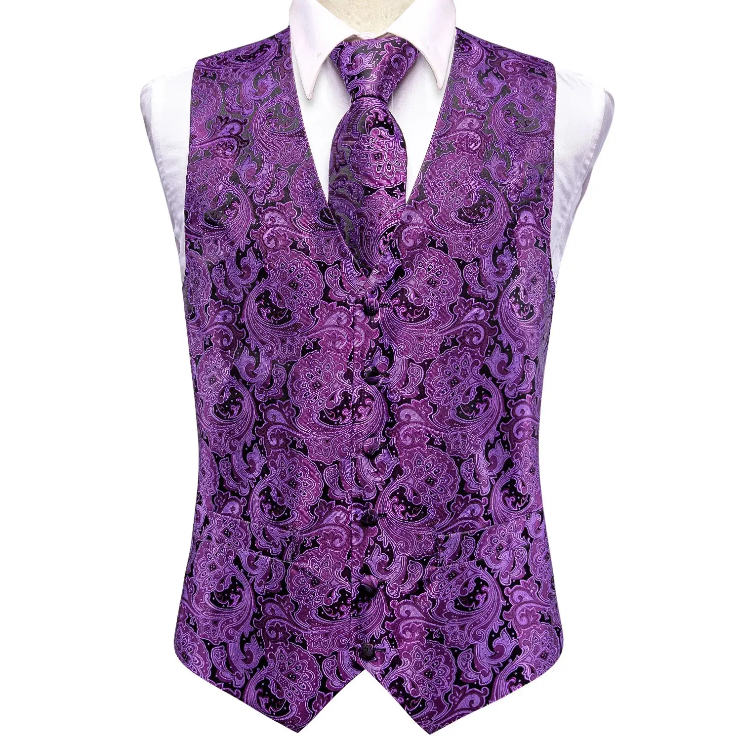 Hi-tie Mens Purple Suit Vest Paisley Silk Jacquard Slim Sleeveless Waistcot Ties Set Formal/Leisure 4PCS Business Party Wedding