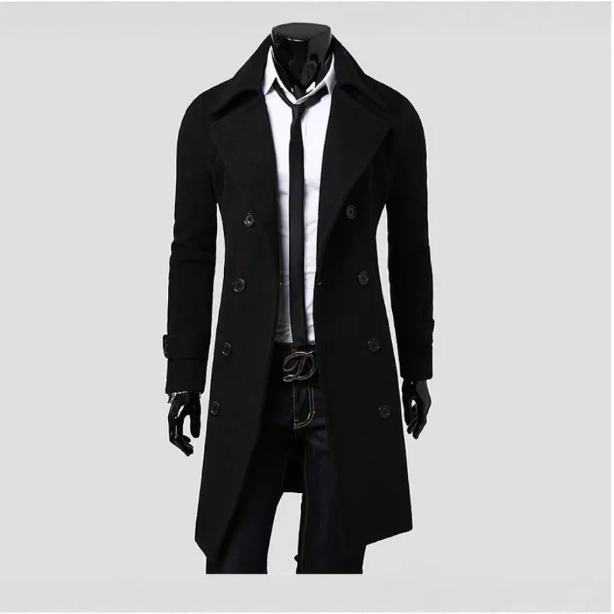 

Men's Long Double-breasted Woolen Coat Autumn Winter Faion Slim Fit Windbreaker Outerwear Classic Cotton Stand Sle