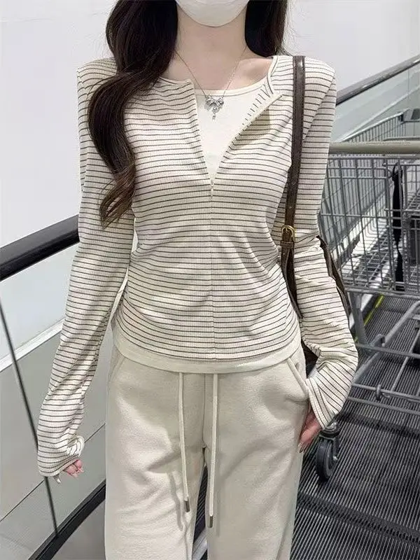 Korean Style Striped Zipper Long Sleeve T-Shirt Women's Autumn Winter New Slim Fit Base Layer Shirt Top INS Splice Patchwork