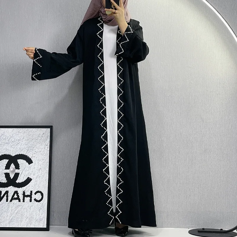 UNI 2024 Muslim Fashion Women Open Abaya Muslim Black Robe Beading Cardigan Dress Dubai Turkey Middle East Plain Elegant Clothes